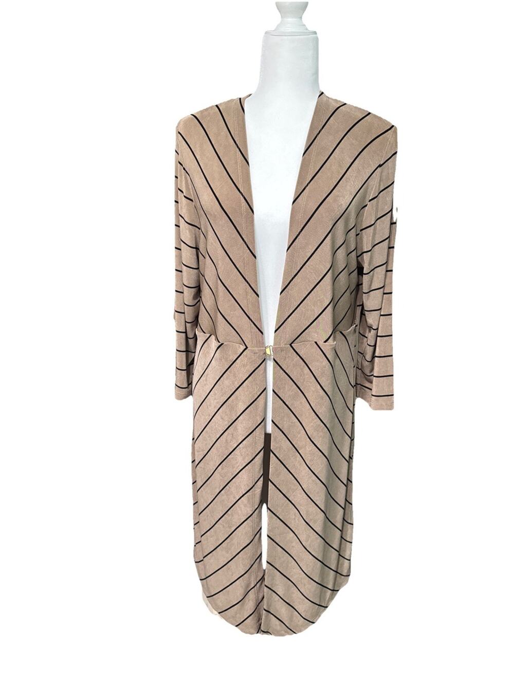 Chicos Travelers Long Cardigan Womens 2 L/12 Beige Black Striped Slinky Stretch